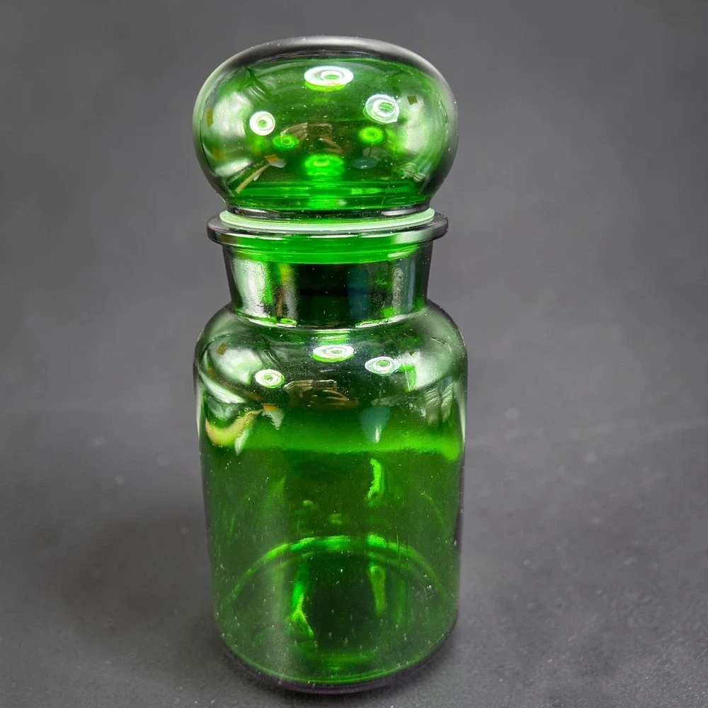 Vintage Emerald Green Glass Apothecary Jar Bubble Lid Made in Belgium 8.5